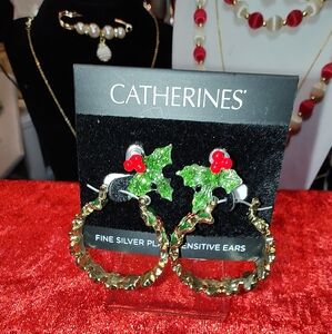 New On Card Christmas Earrings. One Pair Of Holly Hoops & One Pair Of Holly